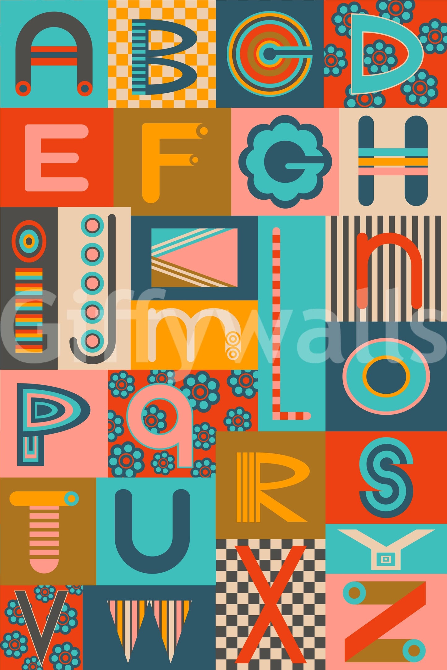 Retro Geometric Alphabet wall mural distinctive graphic print superb wall covering neat.