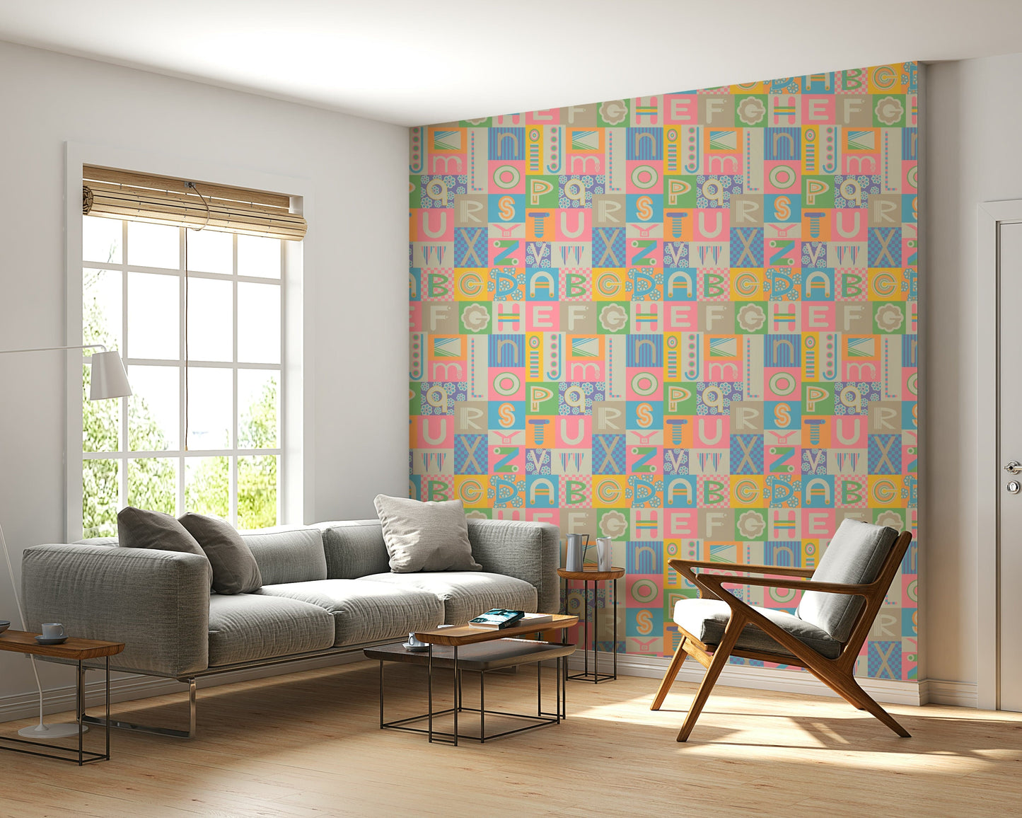Symmetrical layout of letters on ABCs Pastel Geometric Wallpaper mural.