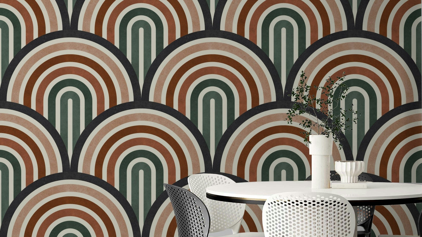 A wallpaper with a repeating archway pattern.

