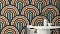 A wallpaper with a repeating archway pattern.

