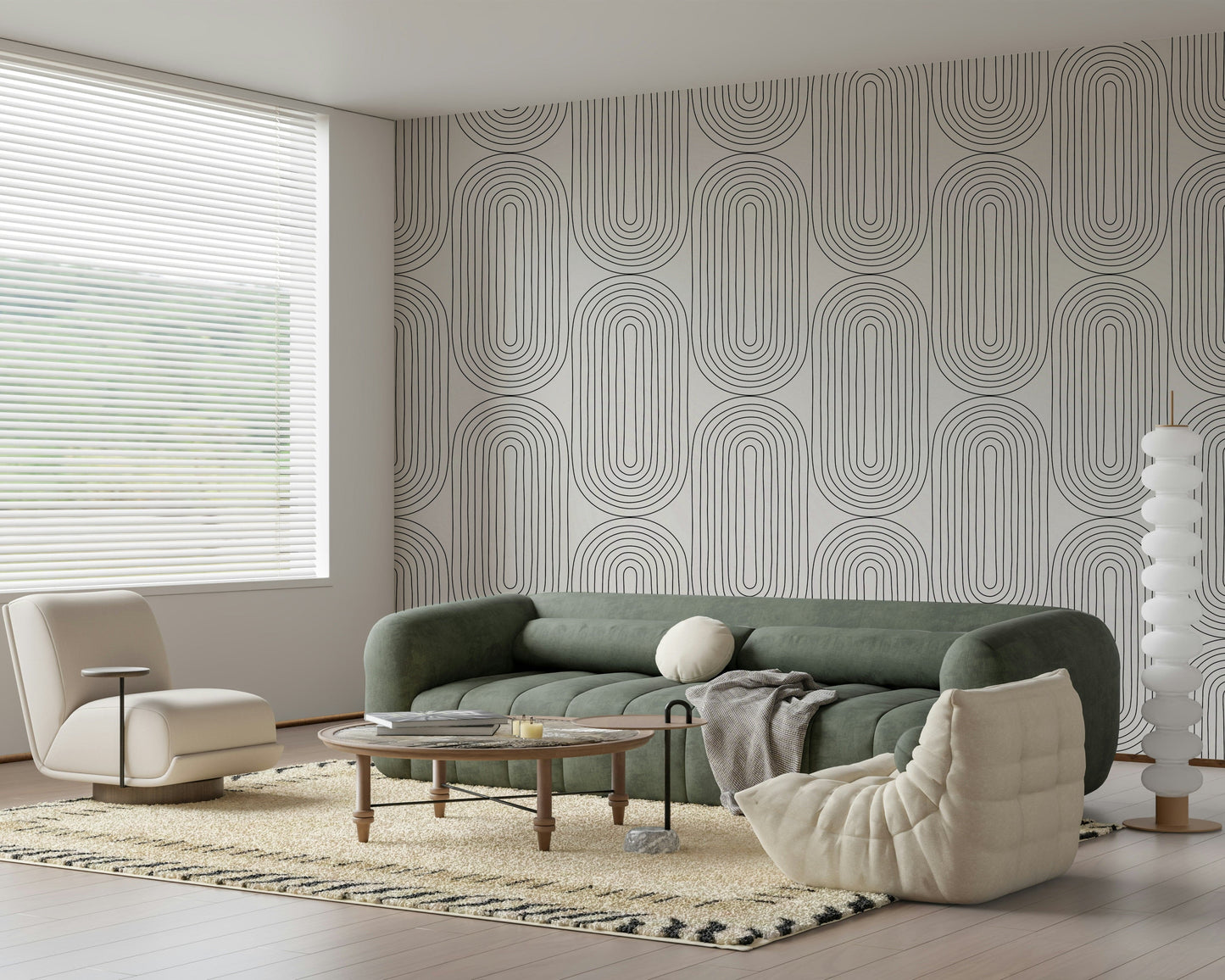 Monochromatic Retro Arches print, elegant, decorative wall covering, refined.