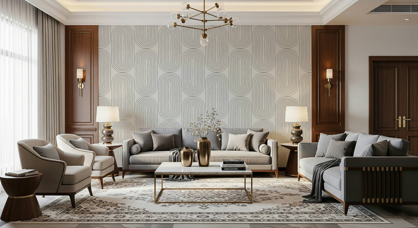 Modern Arches mural, stylish wallpaper for walls, intricate looping pattern.