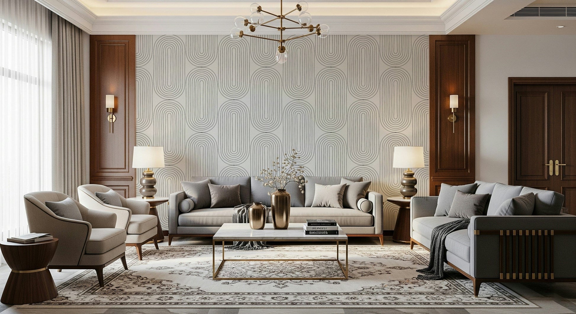 Modern Arches mural, stylish wallpaper for walls, intricate looping pattern.