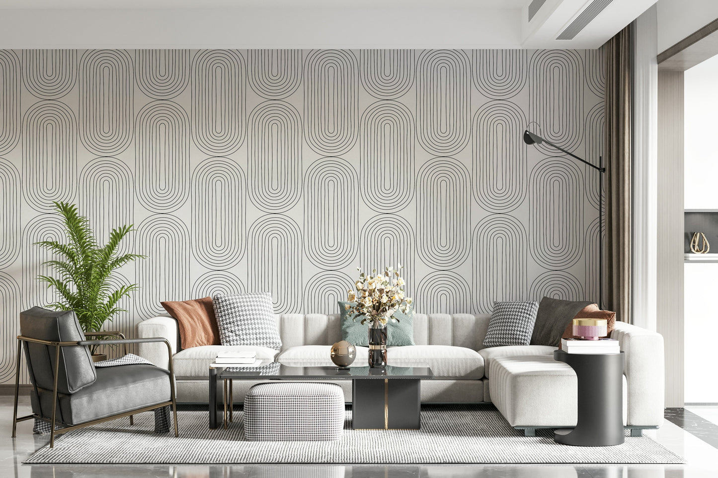 Arched wall mural with continuous lines, vintage style, subtle pattern.