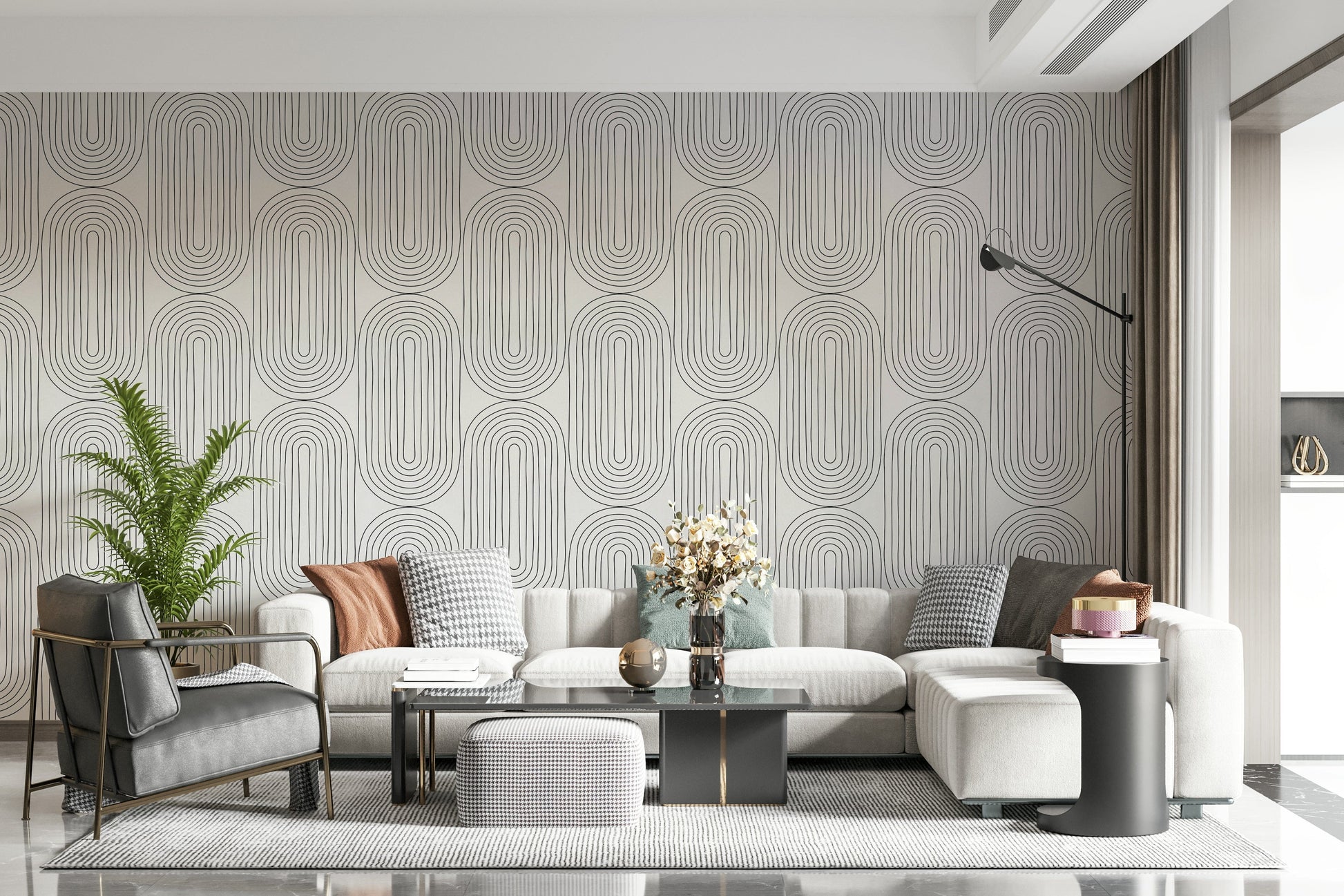 Arched wall mural with continuous lines, vintage style, subtle pattern.