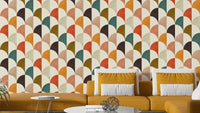 A retro-style wall mural with a repeating pattern of arches.

