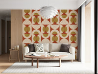 Warm-toned arcs and circles wallpaper with a classic mid-century aesthetic.