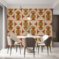 Symmetrical retro arcs wallpaper in terracotta, cream, and mustard tones.