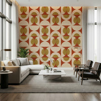 Textured geometric wallpaper with repeating circular motifs in warm vintage colors.