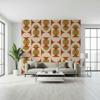 Mid-century style wallpaper with bold arcs and circular motifs in earthy colors.