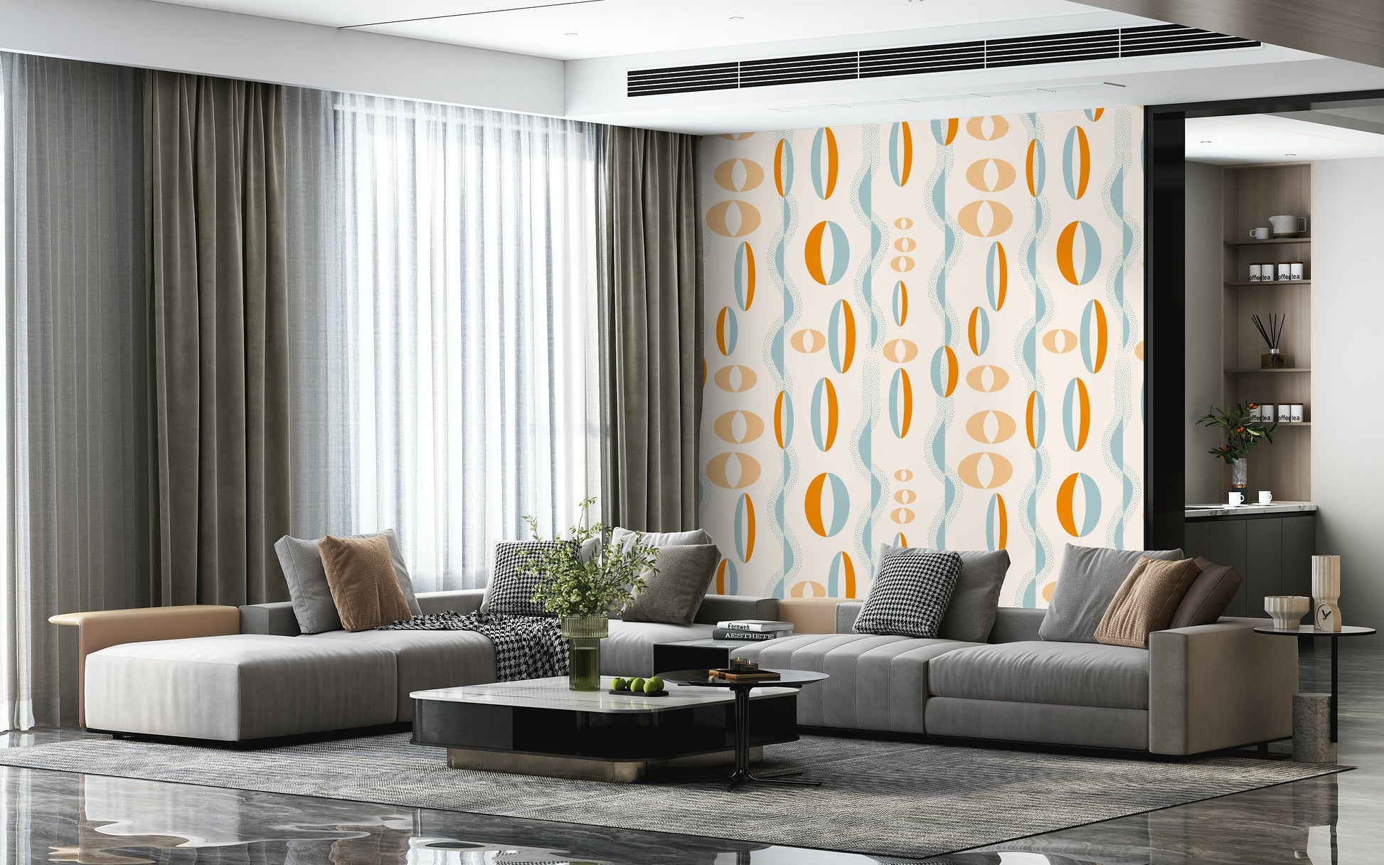 Colorful retro wallpaper with elongated oval shapes and dotted curved lines in a mid-century palette.