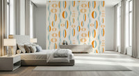 Mid-century modern wallpaper with repeating atomic oval motifs and wavy teal lines.