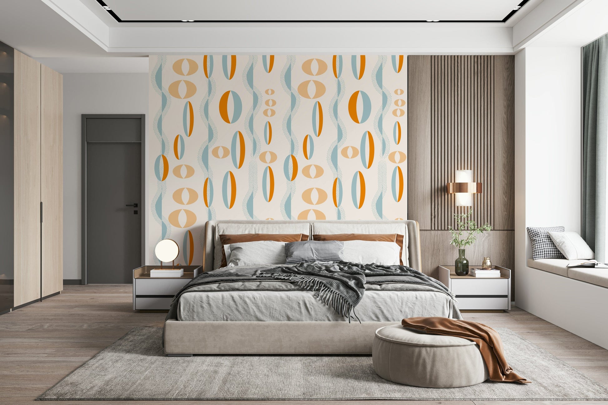 A retro atomic-era wallpaper featuring oval shapes in orange, beige, and teal arranged in vertical stripes.