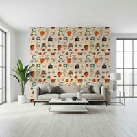 Cartoonish Wallpaper for Walls, Atomic Retro Motifs, Beige Ground.
