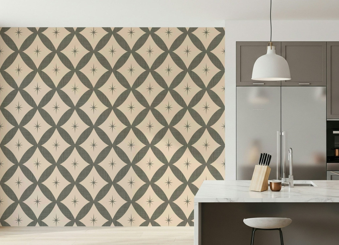 Vintage atomic-style wallpaper showcasing olive diamonds with centered starburst accents.