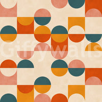 Balance Act wallpaper: interlocking semicircles and squares on creamy tan background.