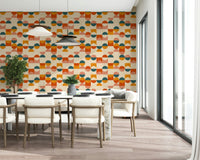 Orange, teal, and coral Balance Act wall art, abstract repeat design backdrop.