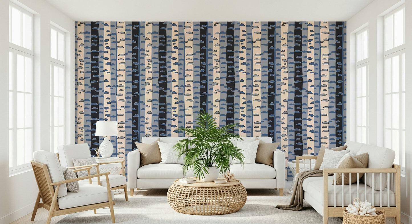 Reading nook wall with abstract forest stripe wallpaper.
