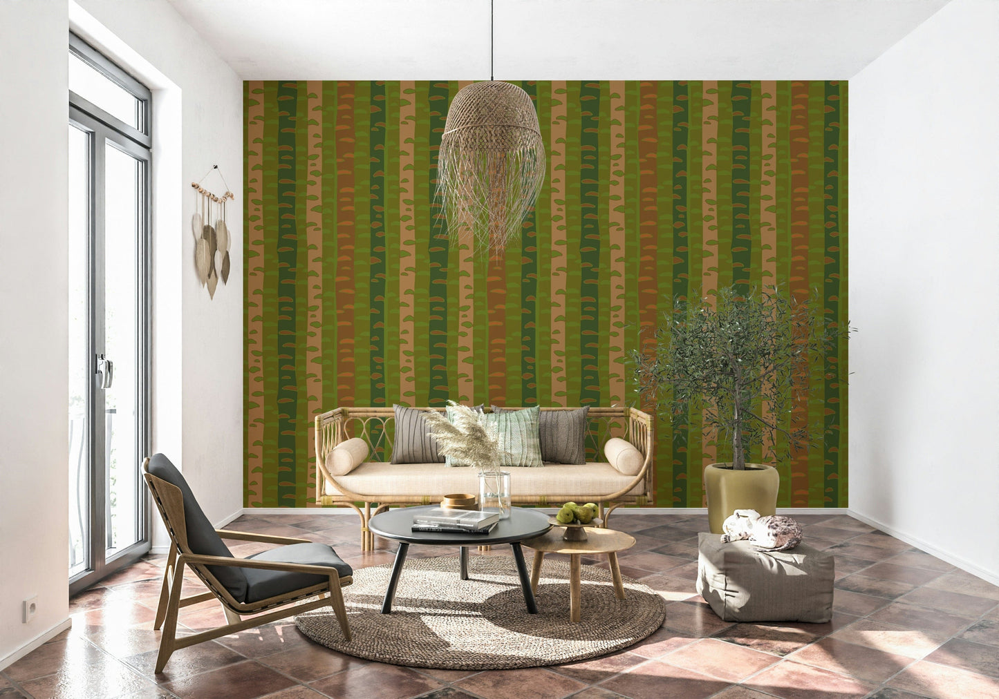 Retro birch stripe wallpaper for dining area feature wall, earthy green and brown