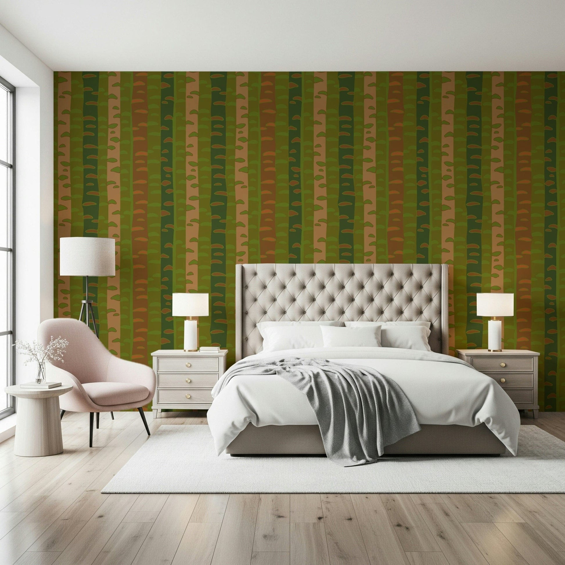 Birch Tree Stripes Retro Abstract Forest wallpaper in office, green brown accent wall