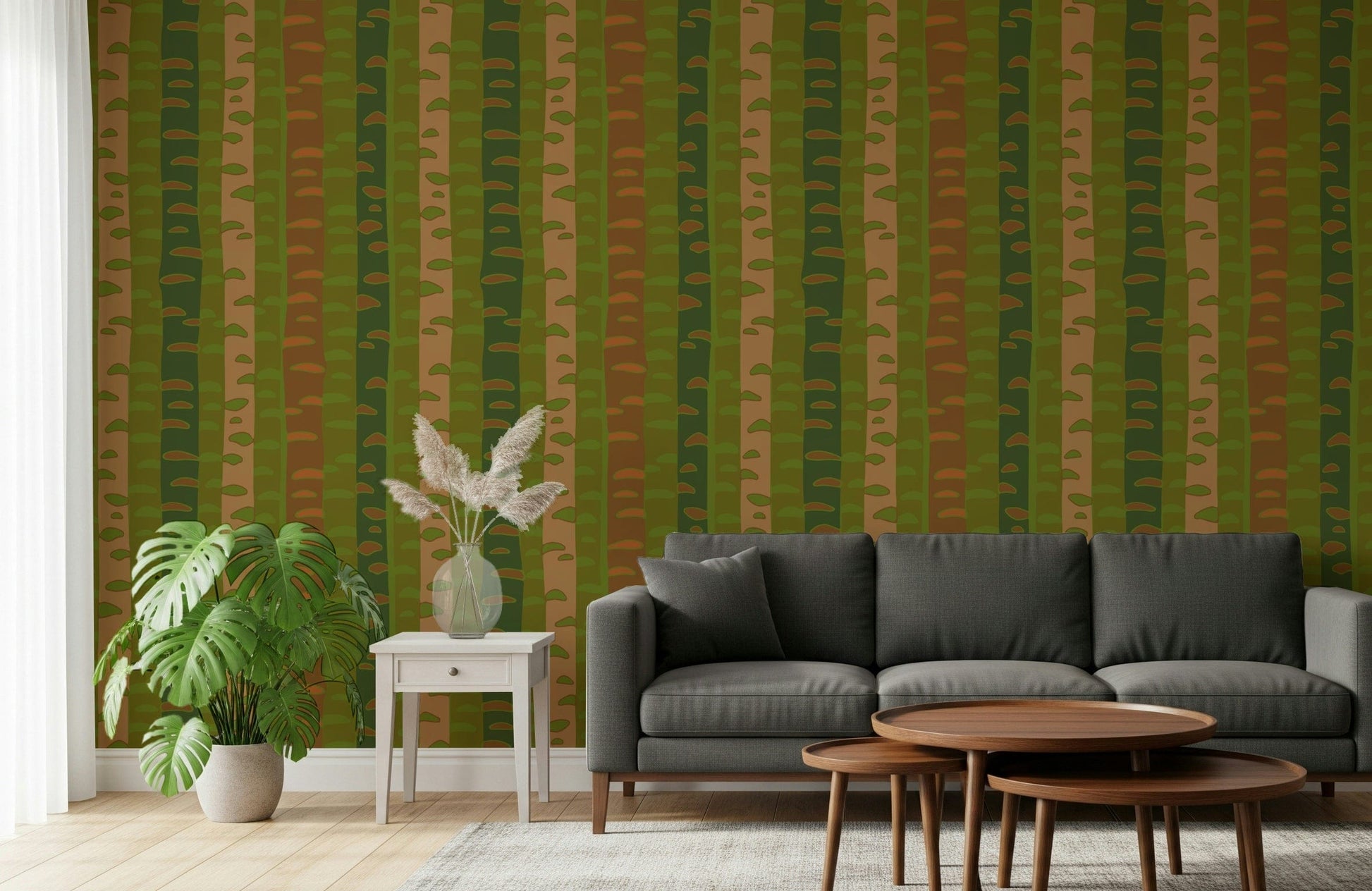 Earth-tone abstract birch wallpaper for entryway, clean modern look