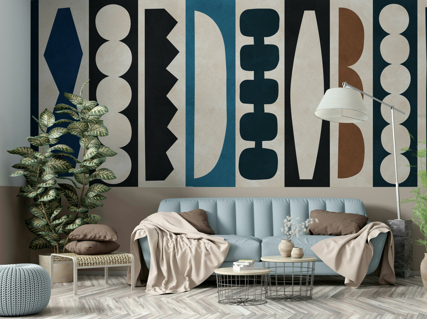 The wallpaper is applied seamlessly, giving the wall a uniform look.

