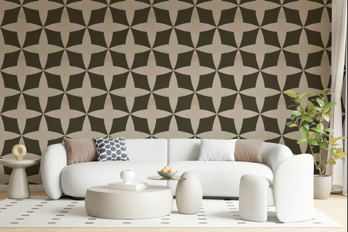 Retro geometric bloom wallpaper in taupe and cream tones