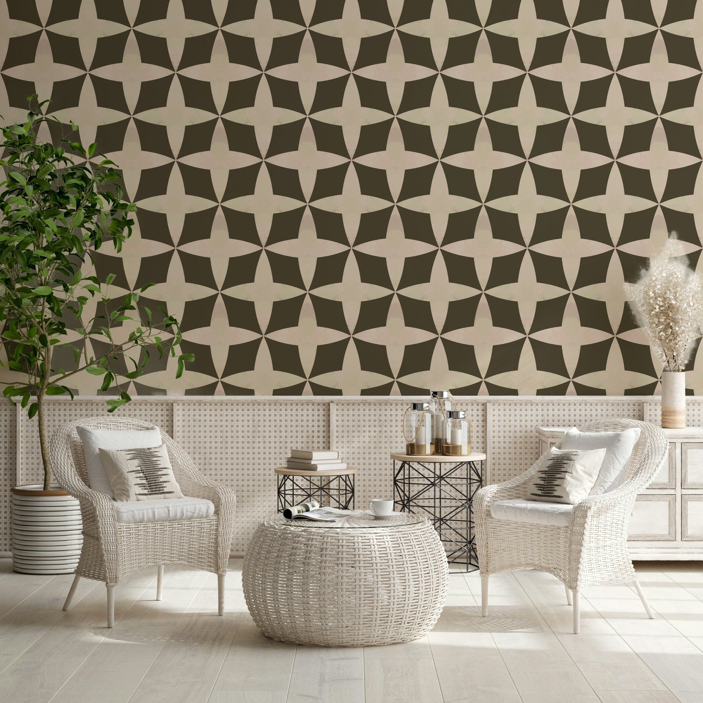 Curved geometric wallpaper, featuring interlocking petals and stars.