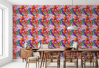 Retro Bloom Flower Fruit Burst Wallpaper showing repeating blossom and fruit shapes.