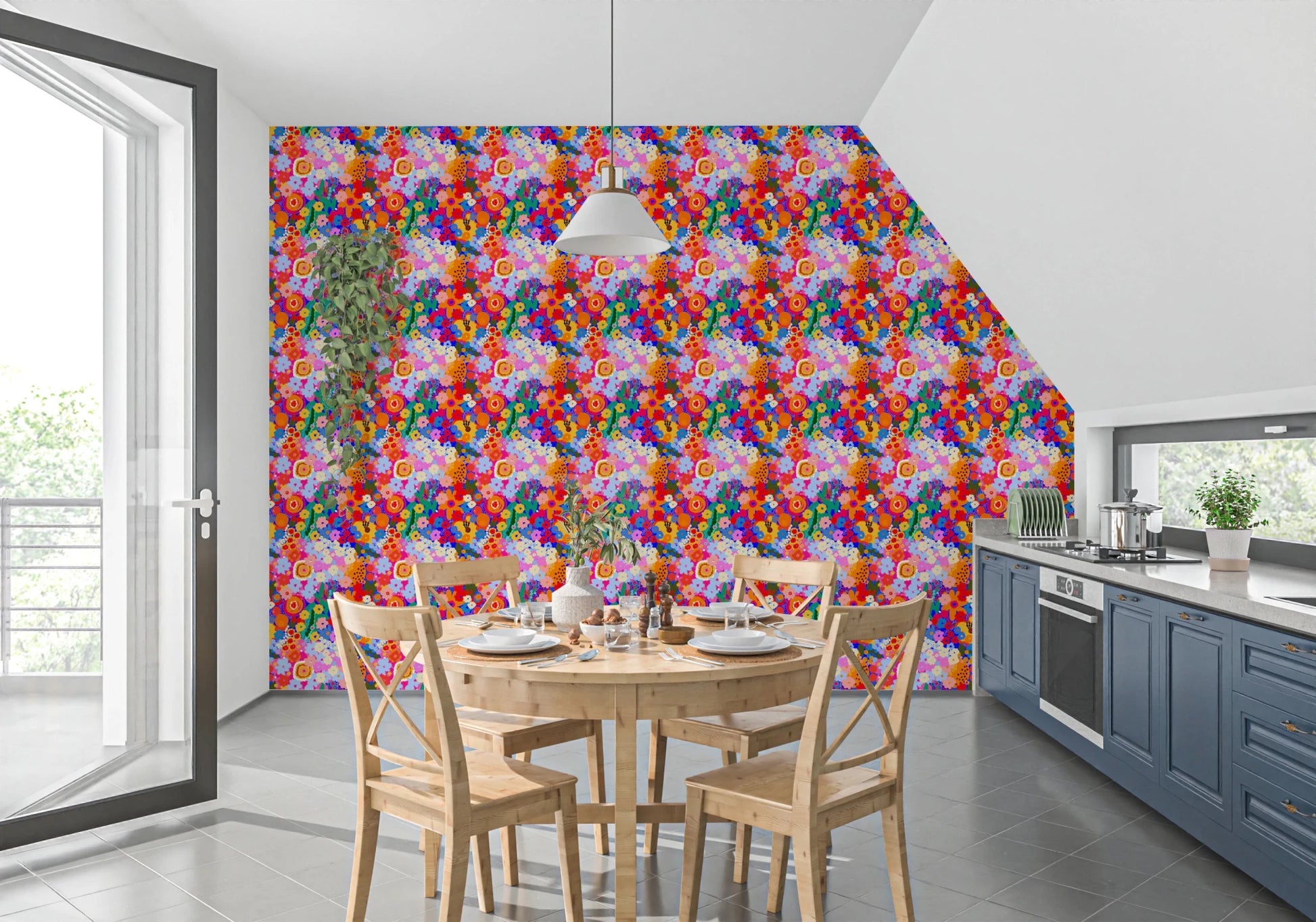Colorful floral print featuring a Retro Bloom Flower Fruit Burst Wallpaper for dining area .