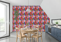 Colorful floral print featuring a Retro Bloom Flower Fruit Burst Wallpaper for dining area .