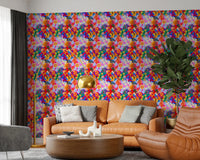 Vivid colors distinguish this Retro Bloom Flower Fruit Burst for hallway Wallpaper print.