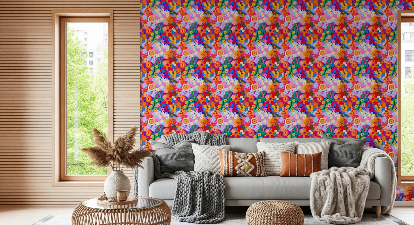 Artistic fruit and petal design on Retro Bloom Flower Fruit Burst Wallpaper.
