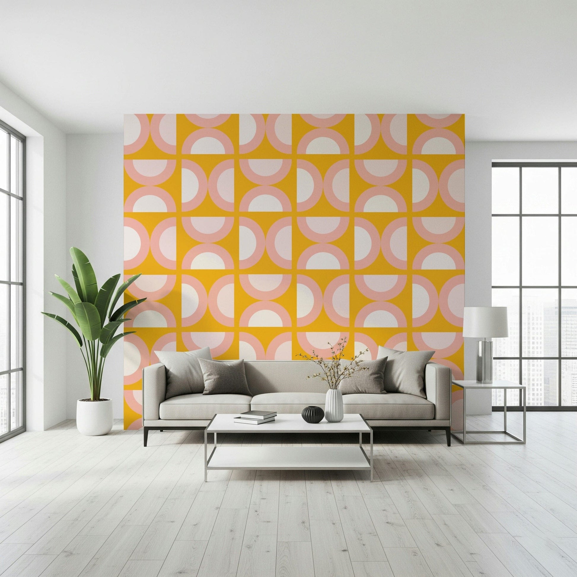 Artistic pink and yellow shapes form this wall mural.