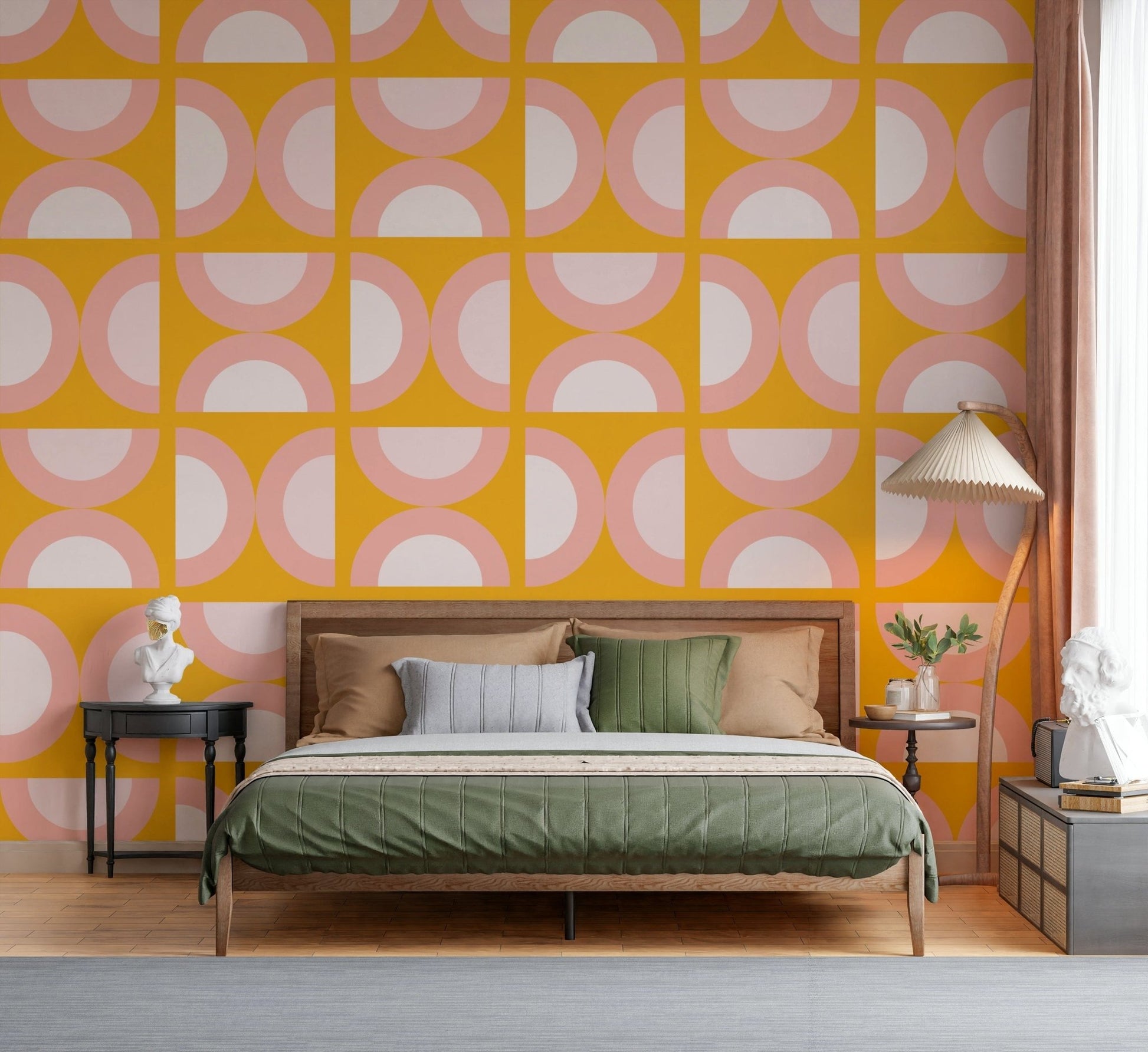 Vibrant yellow arcs decorate this geometric wall mural.