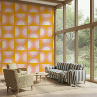 Abstract yellow motifs cover this artistic wall mural.