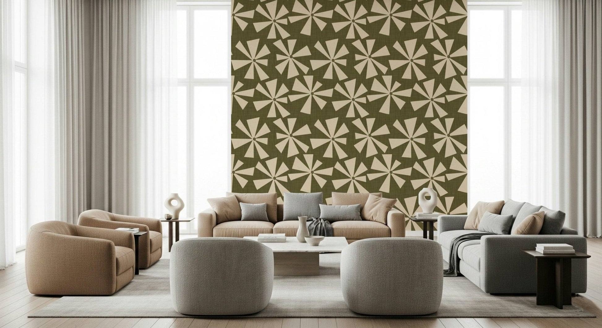 Decorative wallpaper with mid-century starburst flowers in a playful repeating pattern.