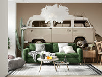 A warm-tone wallpaper featuring a vintage camper van to evoke memories of carefree travel days.