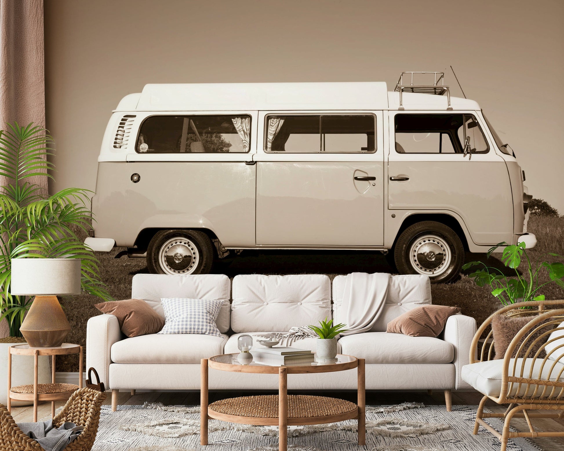 This wallpaper features a vintage camper van captured in a classic sepia tone for a nostalgic road-trip vibe.