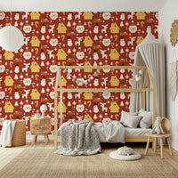A patterned Christmas wallpaper featuring nostalgic illustrations of Santa, reindeer, snowmen, and trees.