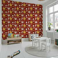 Holiday-themed wallpaper showcasing repeating retro icons including candy canes, trees, and cheerful Santas.