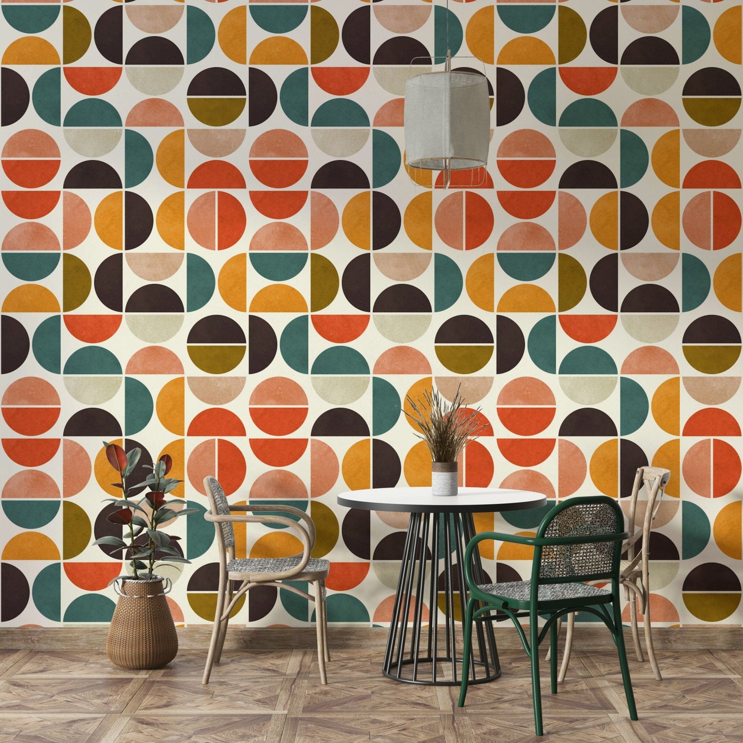 The wall mural is installed on a living room feature wall.

