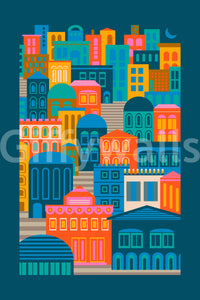Mediterranean style town art, half moon, bold hues, Buildings Moon Rainbow Brights coverage.
