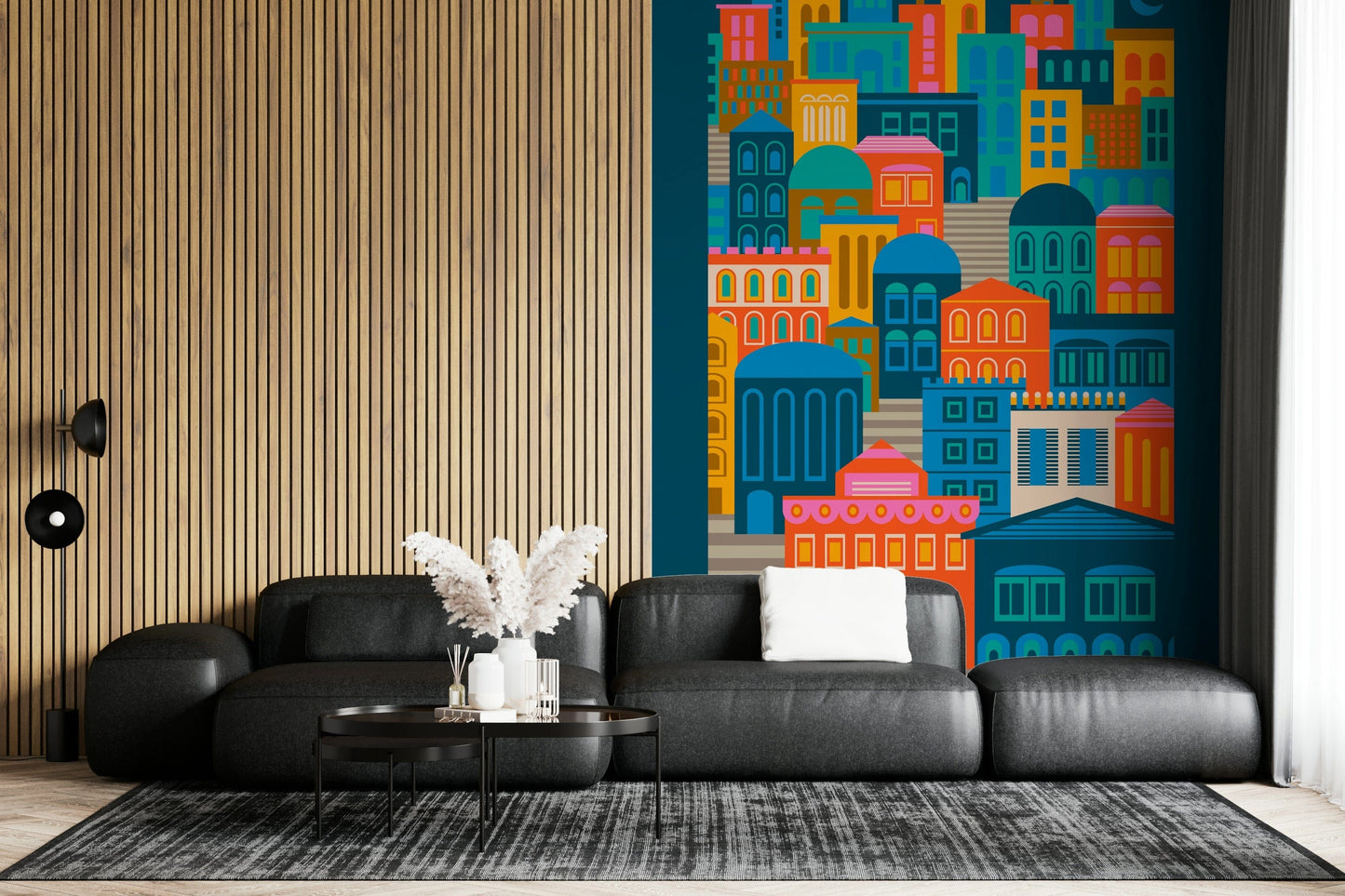 Funky urban design, blue, pink, orange apartment blocks, City Lights At Night wall paper.