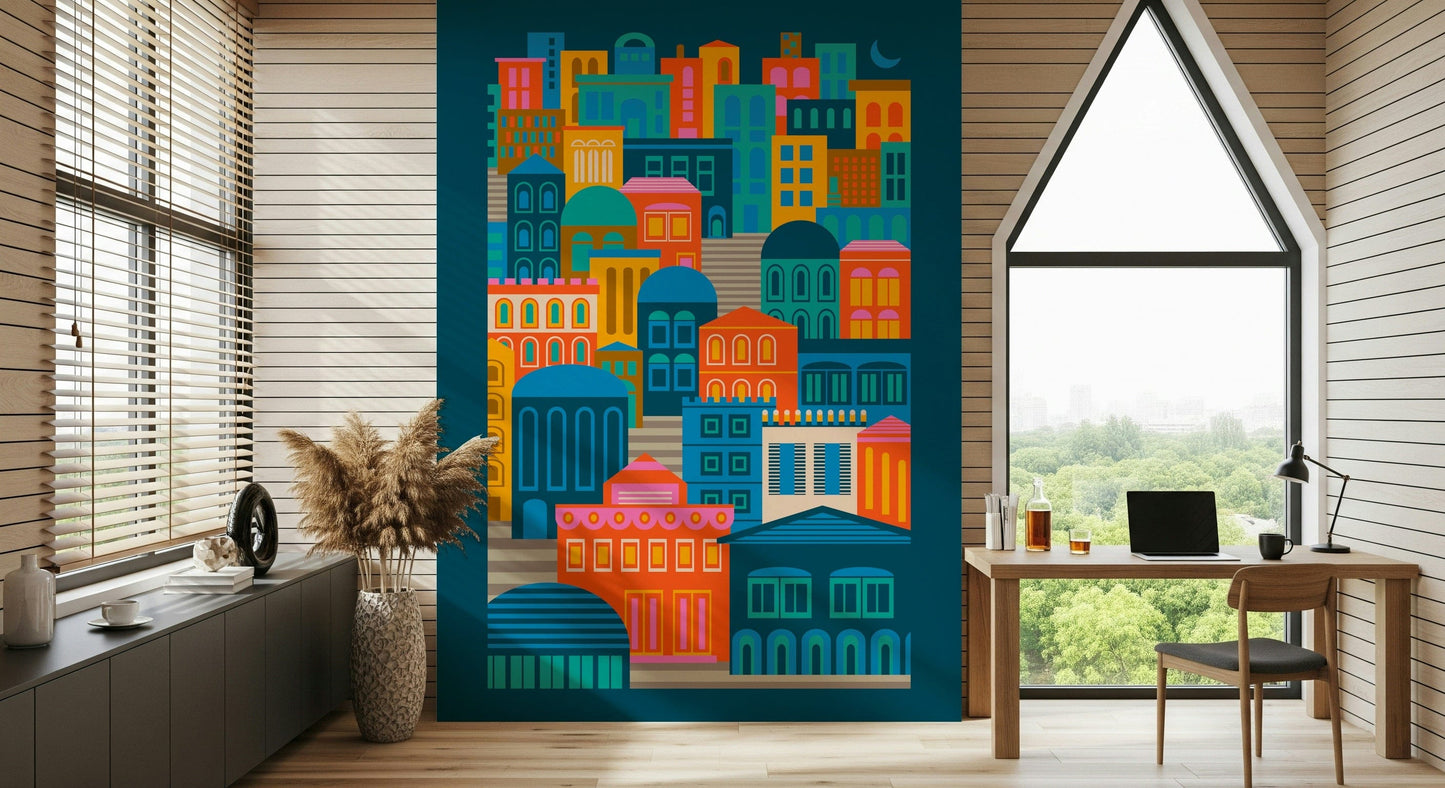Nighttime city illustration, Buildings Moon Rainbow Brights wallcovering for living room.