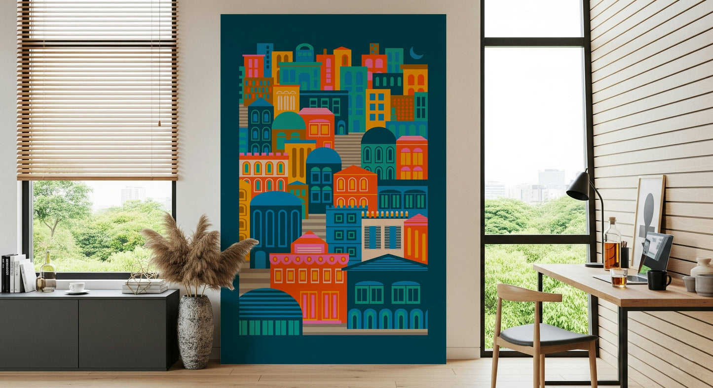 Maximalist decor, brightly colored city print, Vintage Travel Bright Geometric home wallpaper.