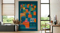 Maximalist decor, brightly colored city print, Vintage Travel Bright Geometric home wallpaper.
