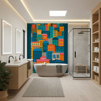 Retro style geometric architecture, City Lights At Night wallpaper, unique design.