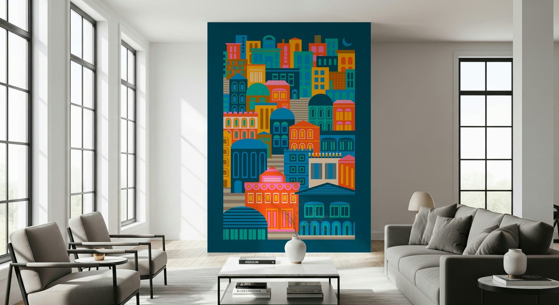 Buildings Moon Rainbow Brights wall mural, domes, arches, colorful stacked homes.