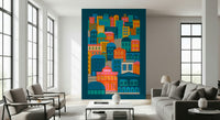 Buildings Moon Rainbow Brights wall mural, domes, arches, colorful stacked homes.